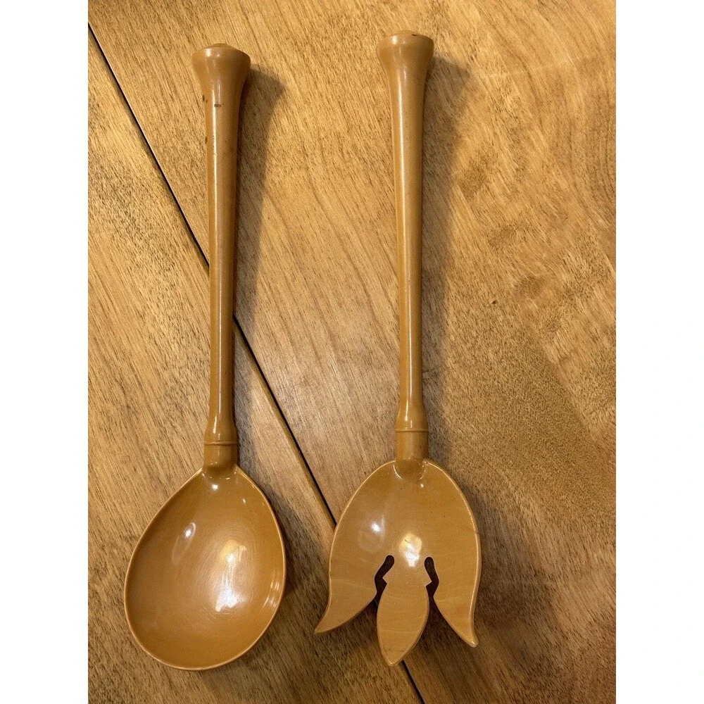Mid Century TortiseShell Caramel Salad Utensils Servers Fork & Spoon
